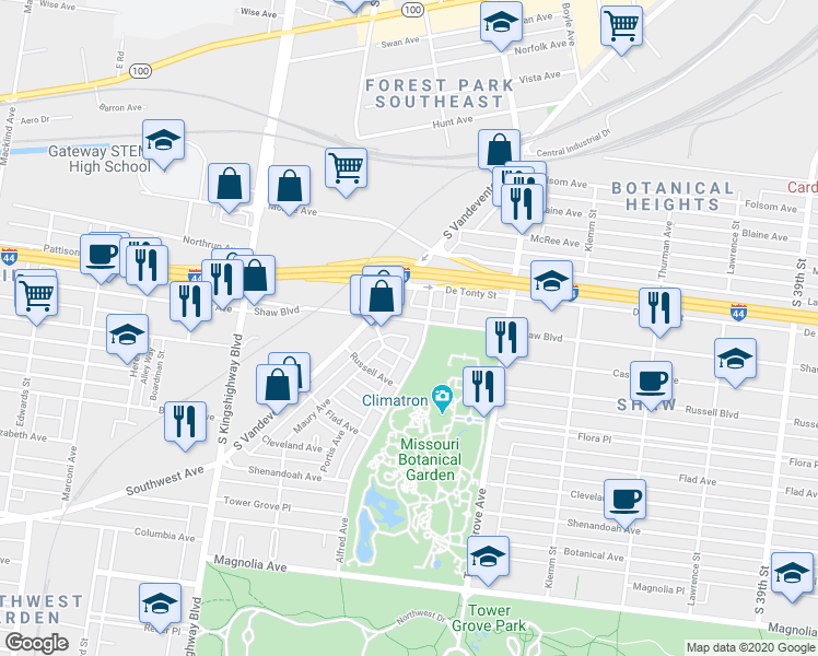 map of restaurants, bars, coffee shops, grocery stores, and more near 1829 Alfred Avenue in St. Louis