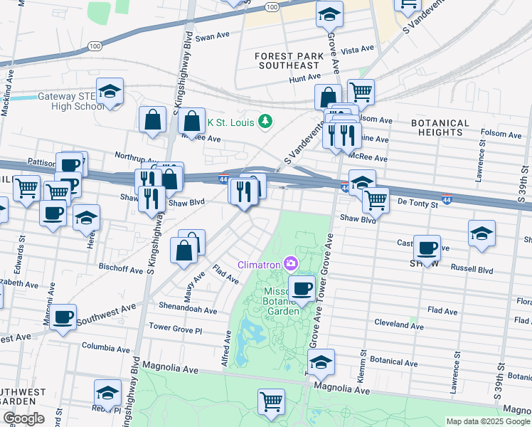 map of restaurants, bars, coffee shops, grocery stores, and more near 1720 South Vandeventer Avenue in St. Louis