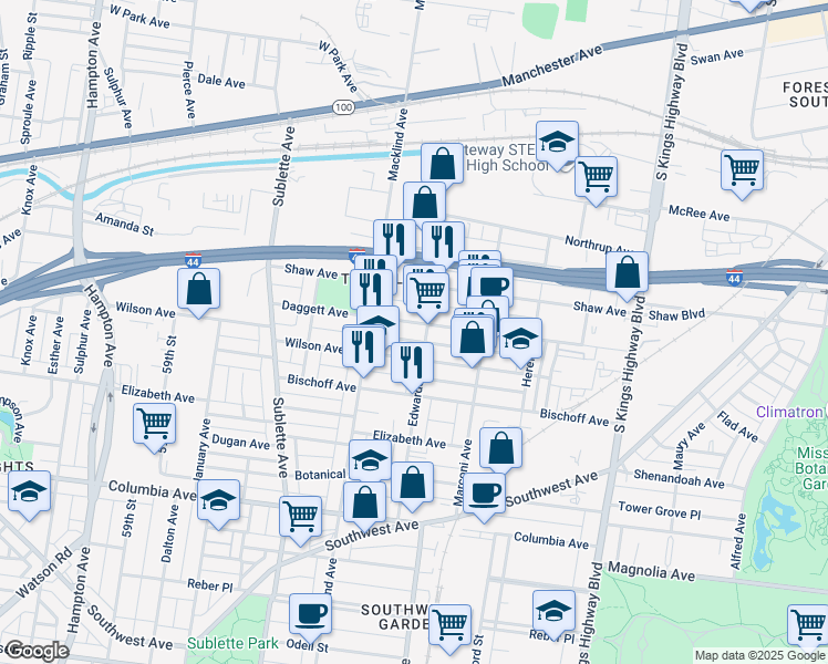 map of restaurants, bars, coffee shops, grocery stores, and more near 5333 Daggett Avenue in St. Louis