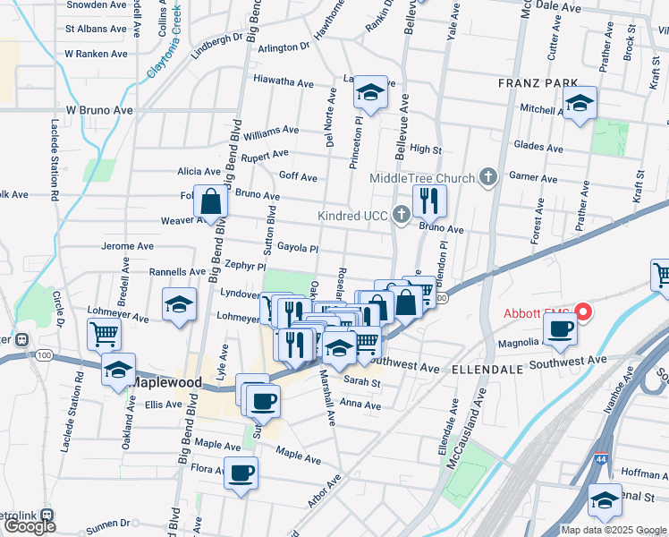 map of restaurants, bars, coffee shops, grocery stores, and more near 7281 Gayola Place in Maplewood