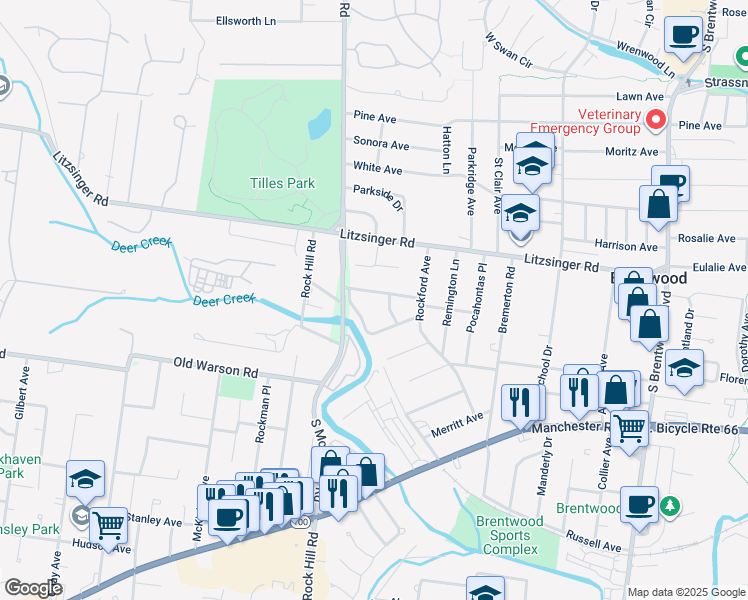 map of restaurants, bars, coffee shops, grocery stores, and more near 9387 Golden Gate Road in St. Louis