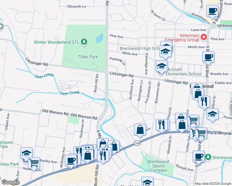 map of restaurants, bars, coffee shops, grocery stores, and more near 9387 Golden Gate Road in St. Louis