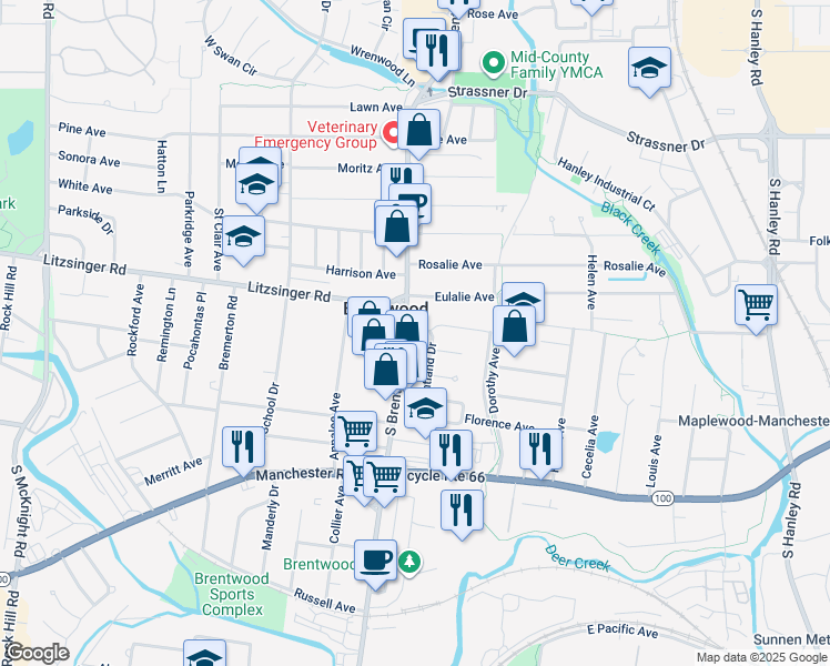 map of restaurants, bars, coffee shops, grocery stores, and more near 2400 South Brentwood Boulevard in Brentwood