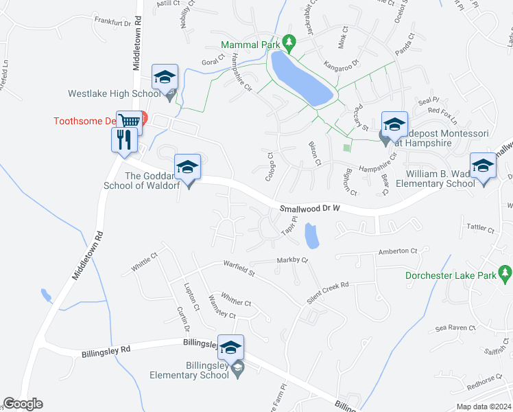 map of restaurants, bars, coffee shops, grocery stores, and more near 6007 Sirenia Place in Waldorf