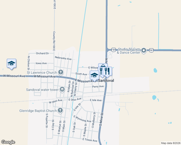 map of restaurants, bars, coffee shops, grocery stores, and more near 510-516 East Wilson Avenue in Sandoval