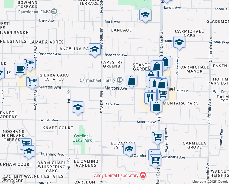 map of restaurants, bars, coffee shops, grocery stores, and more near 5536 Marconi Avenue in Carmichael