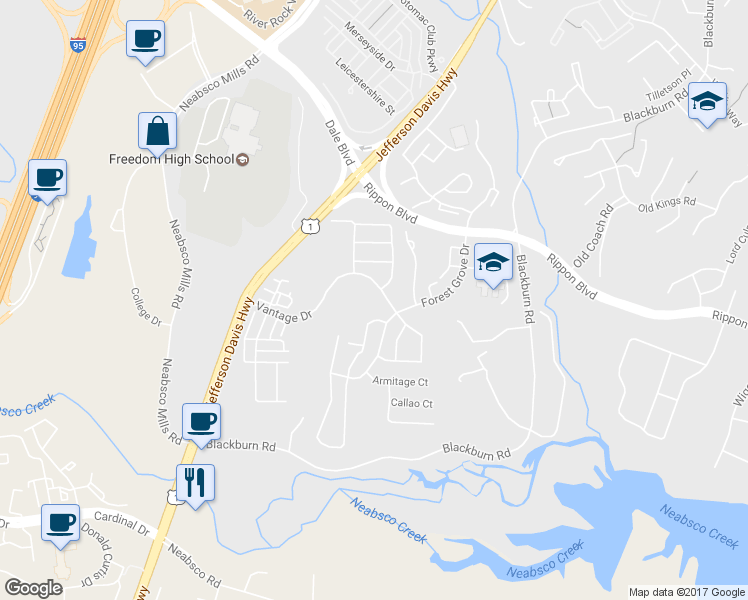 map of restaurants, bars, coffee shops, grocery stores, and more near 2209 Vantage Drive in Woodbridge