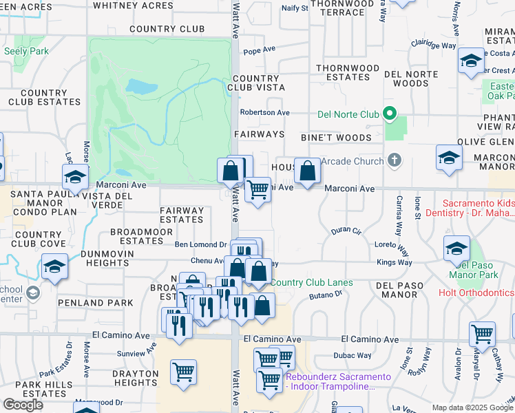 map of restaurants, bars, coffee shops, grocery stores, and more near 3518 Marconi Avenue in Sacramento