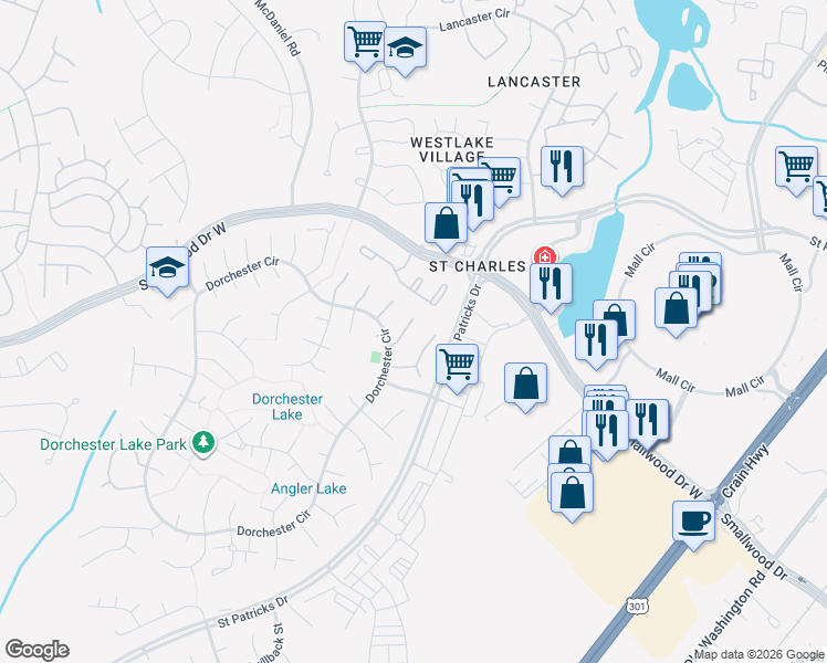 map of restaurants, bars, coffee shops, grocery stores, and more near 5315 Halibut Place in Waldorf