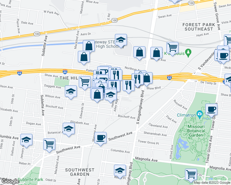 map of restaurants, bars, coffee shops, grocery stores, and more near 1928 Hereford Street in St. Louis
