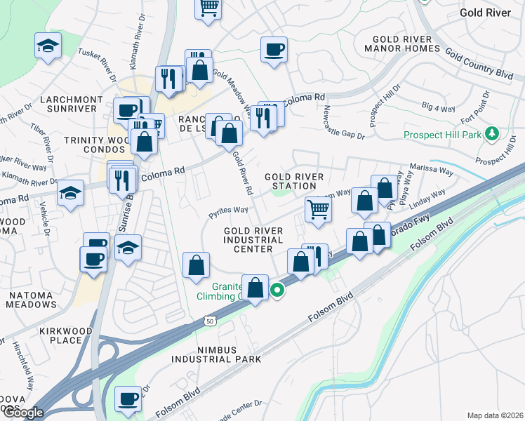 map of restaurants, bars, coffee shops, grocery stores, and more near 2359 Stone River Court in Gold River