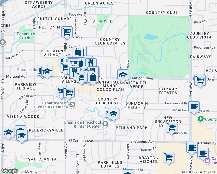 map of restaurants, bars, coffee shops, grocery stores, and more near 2873 Santa Paula Court in Sacramento