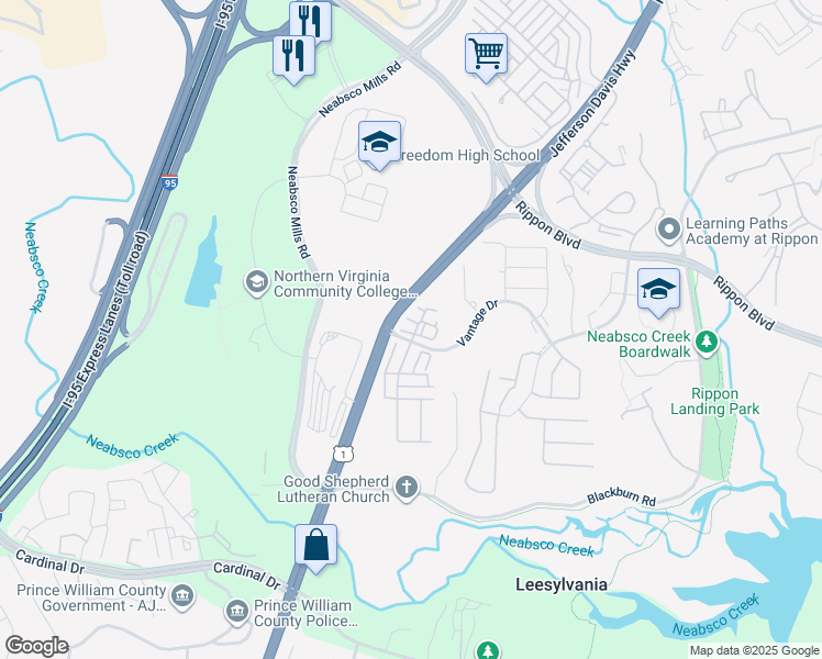 map of restaurants, bars, coffee shops, grocery stores, and more near 2500 Vantage Drive in Woodbridge