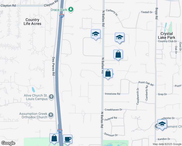 map of restaurants, bars, coffee shops, grocery stores, and more near 12416 Balwyck Lane in Des Peres