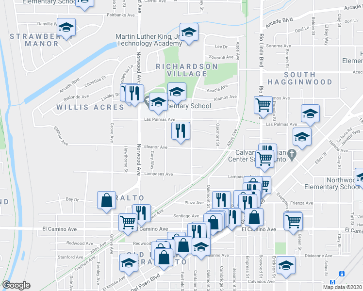 map of restaurants, bars, coffee shops, grocery stores, and more near 557 Eleanor Ave in Sacramento