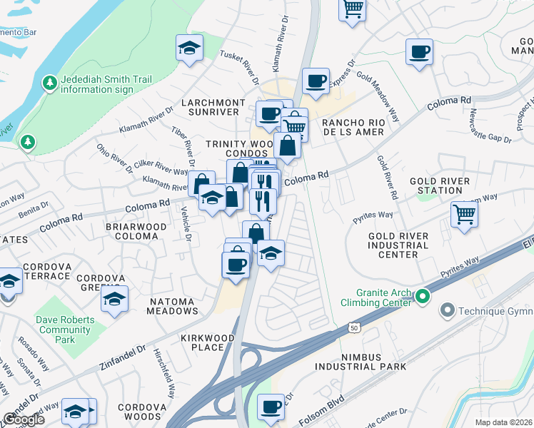 map of restaurants, bars, coffee shops, grocery stores, and more near 2310 Sunrise Boulevard in Gold River