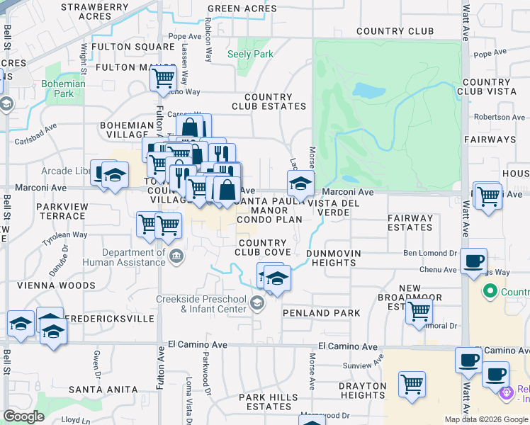 map of restaurants, bars, coffee shops, grocery stores, and more near 2873 Santa Paula Court in Sacramento