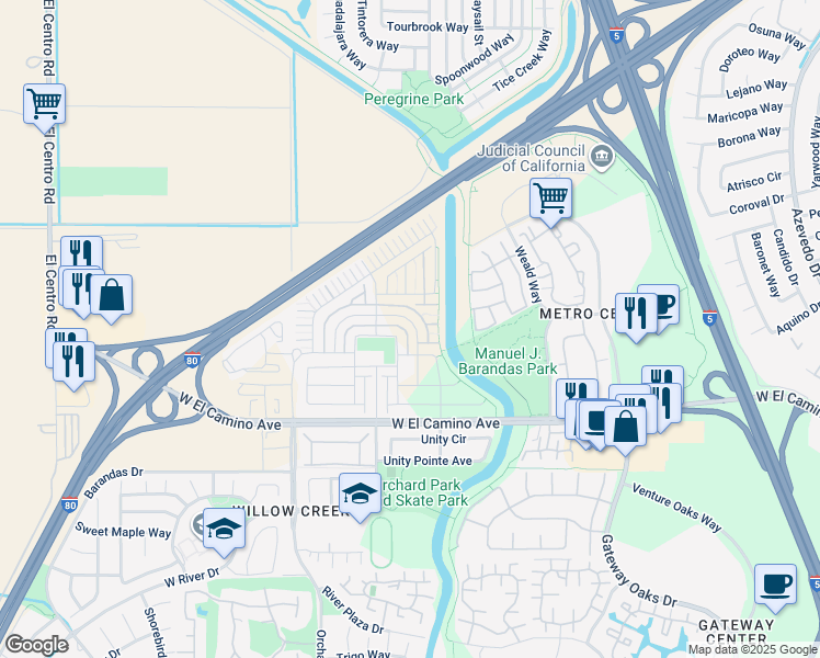 map of restaurants, bars, coffee shops, grocery stores, and more near 57 Rossignol Circle in Sacramento