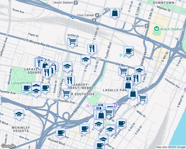 map of restaurants, bars, coffee shops, grocery stores, and more near 1214 South 14th Street in St. Louis