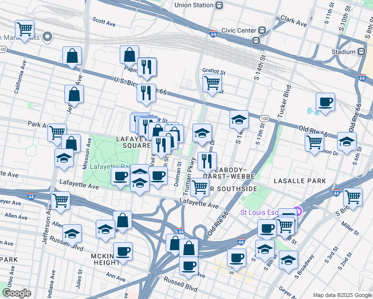 map of restaurants, bars, coffee shops, grocery stores, and more near 1225 Dolman Street in St. Louis
