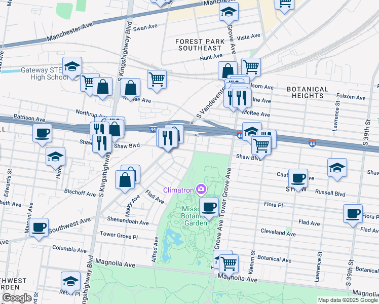 map of restaurants, bars, coffee shops, grocery stores, and more near 1829 Alfred Avenue in St. Louis