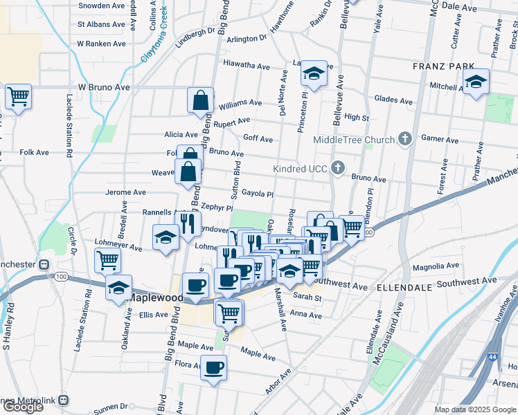 map of restaurants, bars, coffee shops, grocery stores, and more near 7322 Gayola Place in Maplewood