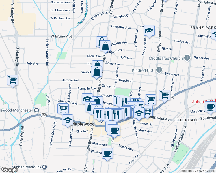 map of restaurants, bars, coffee shops, grocery stores, and more near 7434 Gayola Place in Maplewood