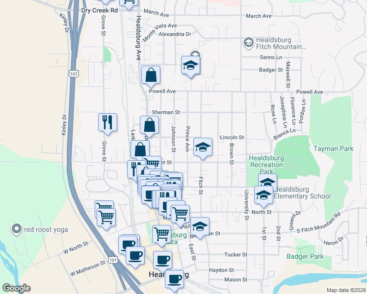 map of restaurants, bars, coffee shops, grocery stores, and more near 642 Johnson Street in Healdsburg