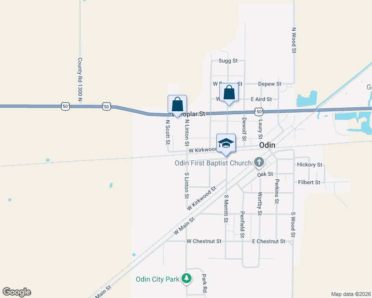 map of restaurants, bars, coffee shops, grocery stores, and more near 406 West Kirkwood Street in Odin