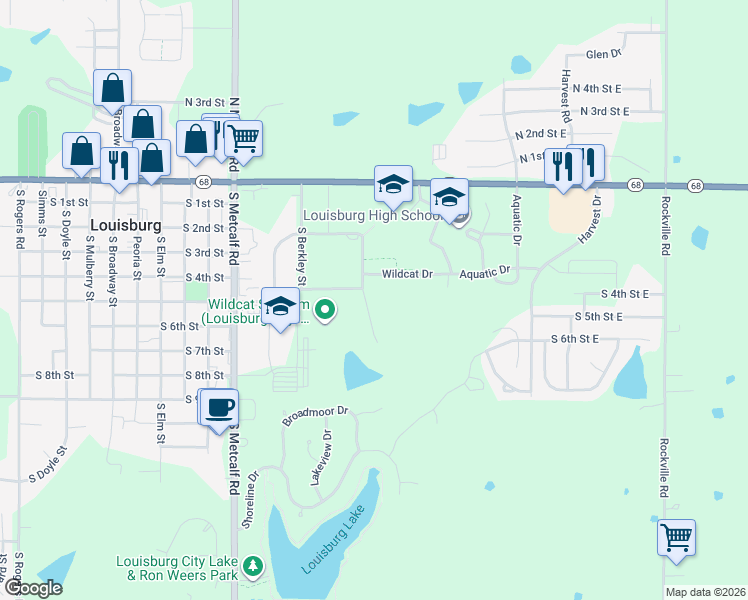 map of restaurants, bars, coffee shops, grocery stores, and more near 409 South Country Side Drive in Louisburg