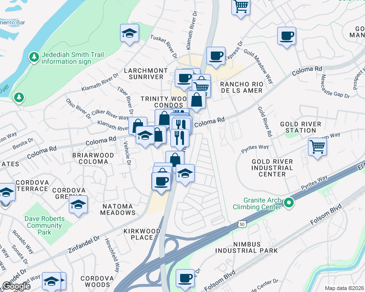 map of restaurants, bars, coffee shops, grocery stores, and more near 2354 Sunrise Boulevard in Gold River