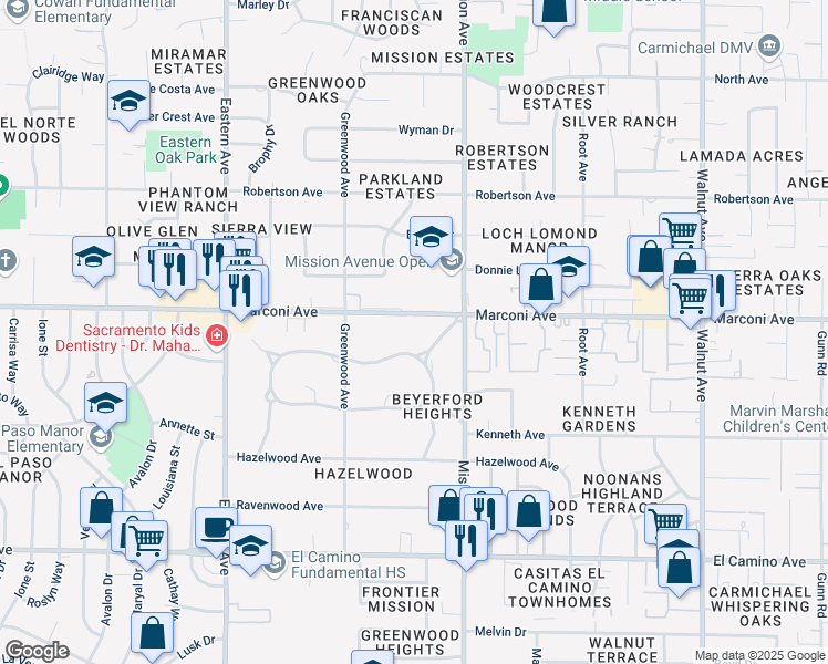 map of restaurants, bars, coffee shops, grocery stores, and more near 4600 Marconi Avenue in Sacramento