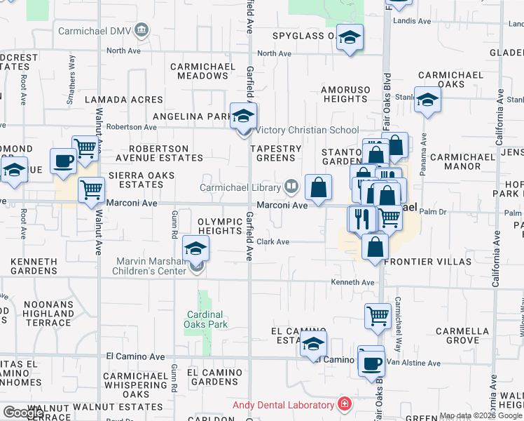 map of restaurants, bars, coffee shops, grocery stores, and more near 5501 Marconi Avenue in Carmichael