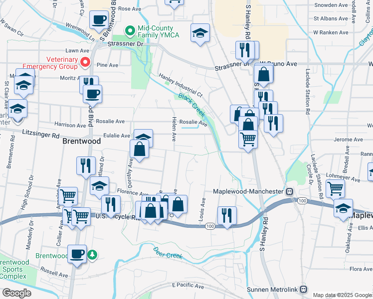 map of restaurants, bars, coffee shops, grocery stores, and more near 8525 Douglas Court in Brentwood