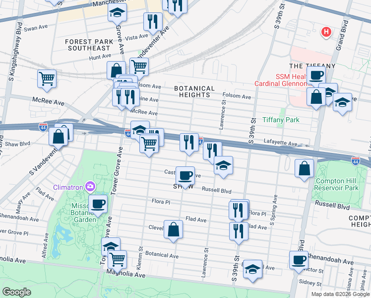 map of restaurants, bars, coffee shops, grocery stores, and more near 4104 De Tonty Street in St. Louis