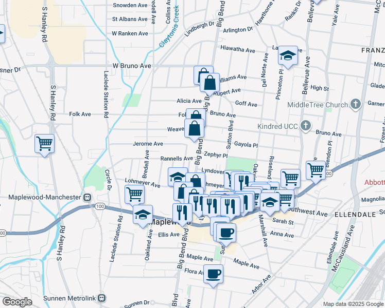 map of restaurants, bars, coffee shops, grocery stores, and more near 2337 South Big Bend Boulevard in St. Louis