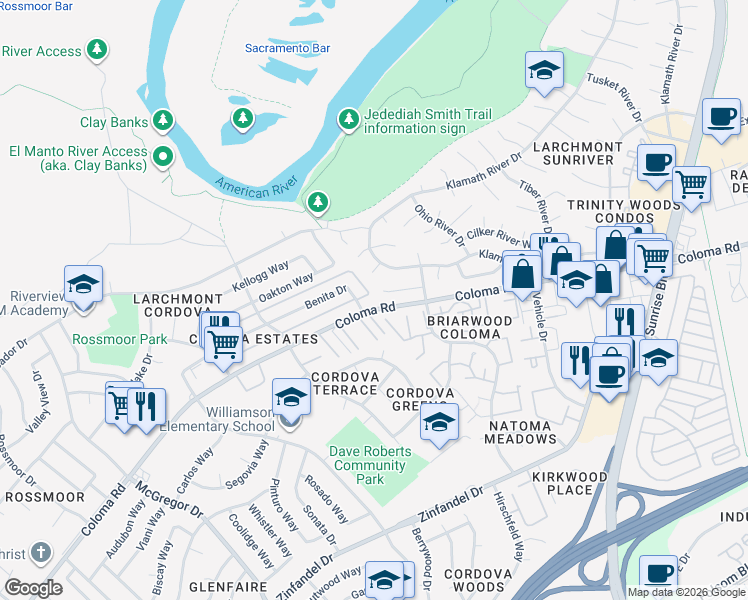 map of restaurants, bars, coffee shops, grocery stores, and more near 10044 Elgin River Court in Rancho Cordova