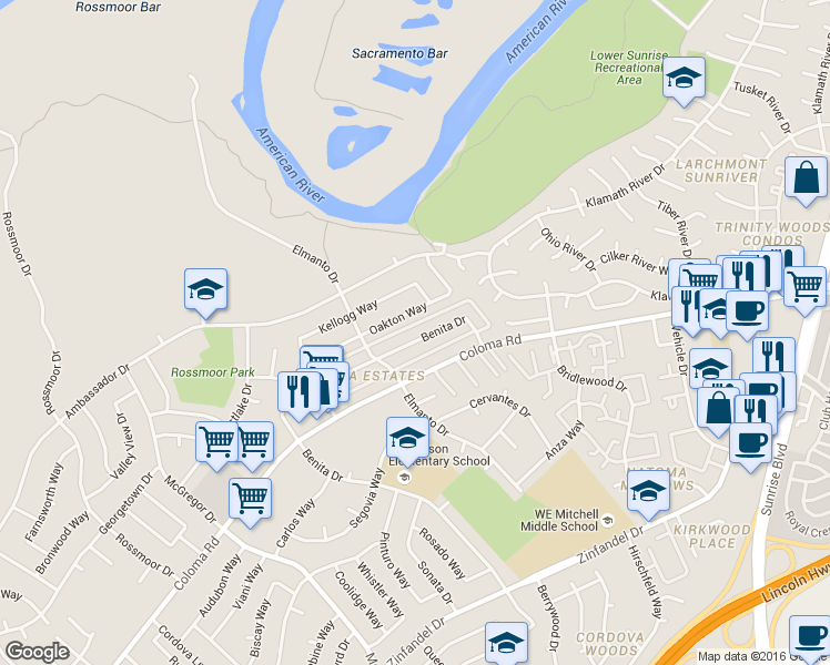 map of restaurants, bars, coffee shops, grocery stores, and more near 10836 Oakton Way in Rancho Cordova