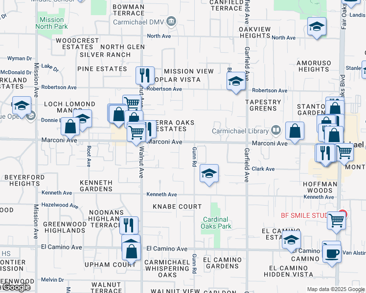 map of restaurants, bars, coffee shops, grocery stores, and more near 5225b Marconi Avenue in Carmichael