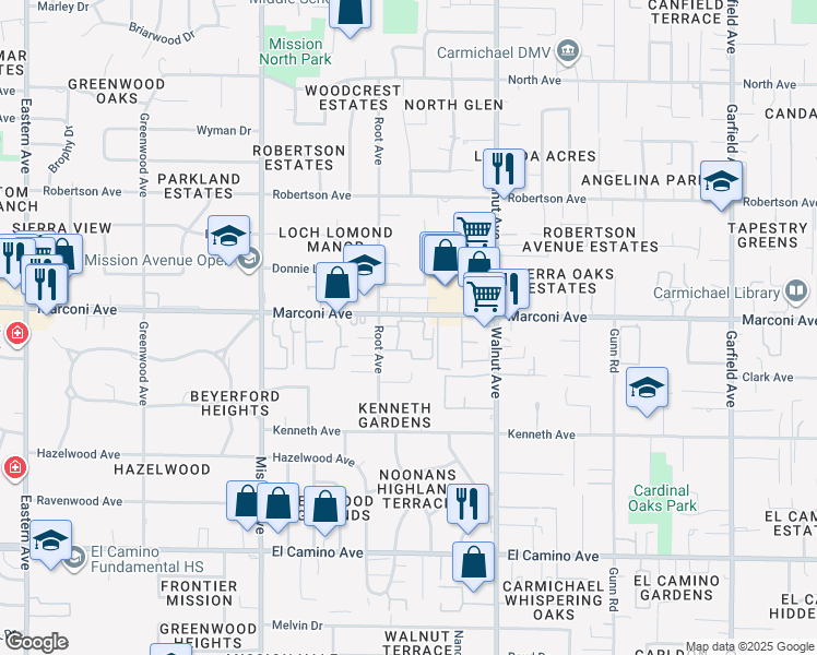 map of restaurants, bars, coffee shops, grocery stores, and more near 4945 Marconi Avenue in Carmichael