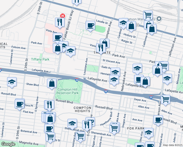 map of restaurants, bars, coffee shops, grocery stores, and more near 3252 Henrietta Street in St. Louis