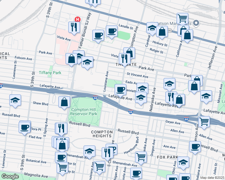 map of restaurants, bars, coffee shops, grocery stores, and more near 3252 Henrietta Street in St. Louis