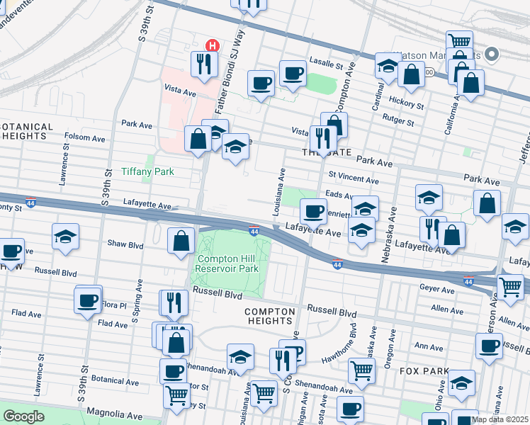 map of restaurants, bars, coffee shops, grocery stores, and more near 3400 Henrietta Street in St. Louis