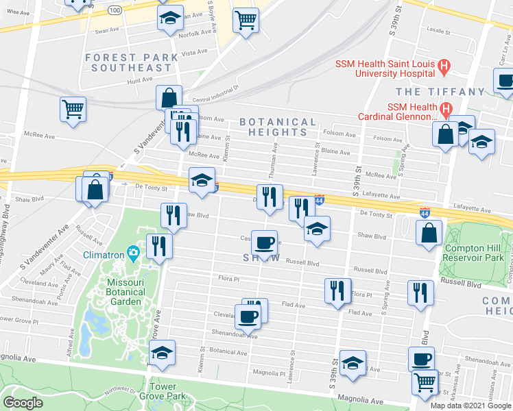 map of restaurants, bars, coffee shops, grocery stores, and more near 4104 De Tonty Street in St. Louis