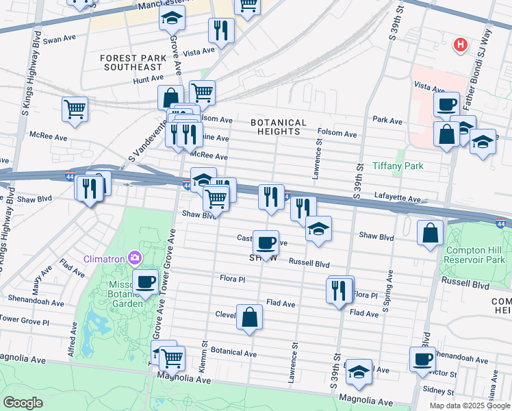 map of restaurants, bars, coffee shops, grocery stores, and more near 4101 De Tonty Street in St. Louis
