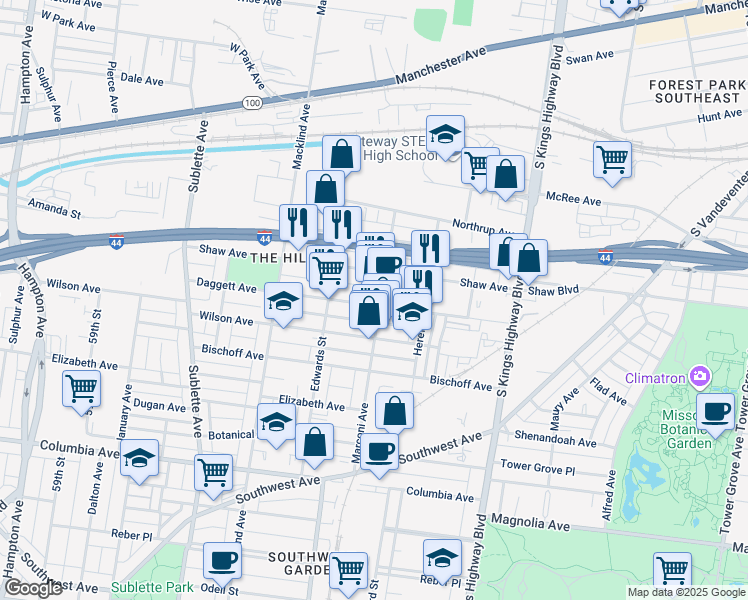 map of restaurants, bars, coffee shops, grocery stores, and more near 5212 Shaw Avenue in St. Louis