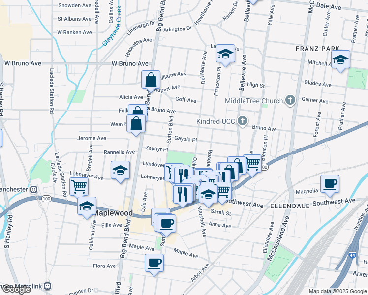 map of restaurants, bars, coffee shops, grocery stores, and more near 7322 Gayola Place in Maplewood