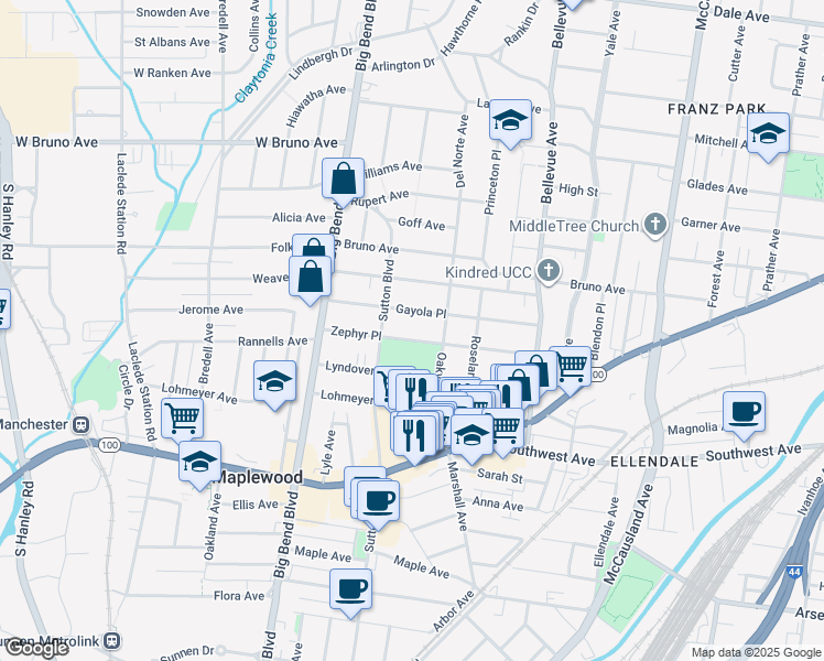 map of restaurants, bars, coffee shops, grocery stores, and more near 7322 Gayola Place in Maplewood