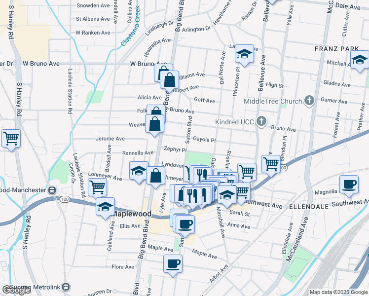 map of restaurants, bars, coffee shops, grocery stores, and more near 7360 Gayola Place in Maplewood