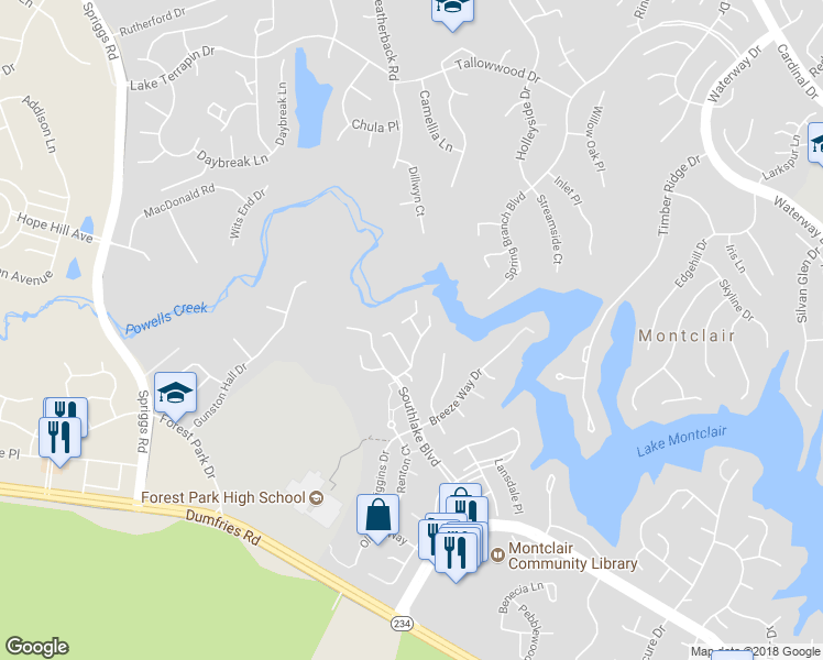 map of restaurants, bars, coffee shops, grocery stores, and more near 15432 Beachland Way in Dumfries